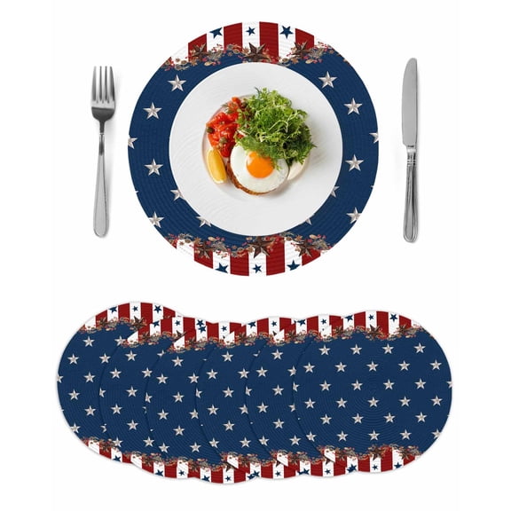 Country Star Farm Round Placemats Set of 6 for Dinning Tables,Heat-proof Braided Table Mats 15 Inch,Red Blue Patriots Stripe American Flag Washable Place Mat for Kitchen Restaurant Party Table Decor