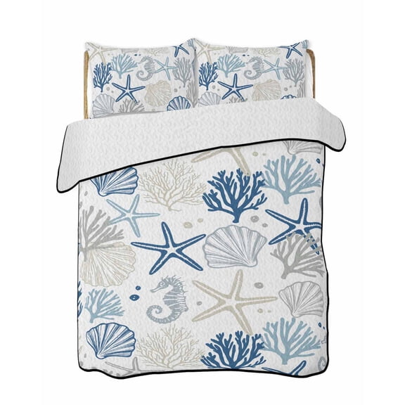 Quilts Twin XL Size, Navy Blue Coastal Soft Comforter Bedding Set for Bed, Summer Beach Coral Shell Ocean Lightweight Quilted Bedspread with Pillow Cover(2 Pieces) for All Season, 68x98 Inch