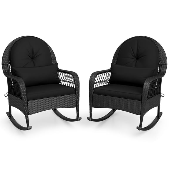 Gymax 2PCS Patio Wicker Rocking Chair Rattan Rocker Chair w/Thick Cushions Outdoor Black