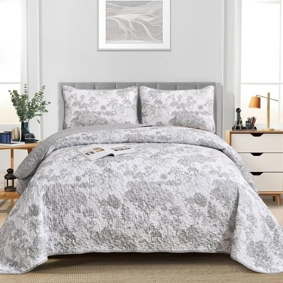 3 Pieces Grey Botanical Bedspread Queen Size Grey Toile Plants Pattern Quilt Set for All Seasons