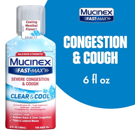 Mucinex Fast-Max Maximum Strength Severe Congestion & Cough Clear & Cool, Multi-Symptom Relief, Cough Suppressant, Expectorant, Nasal Decongestant, Menthol Flavor, 6 FL OZ