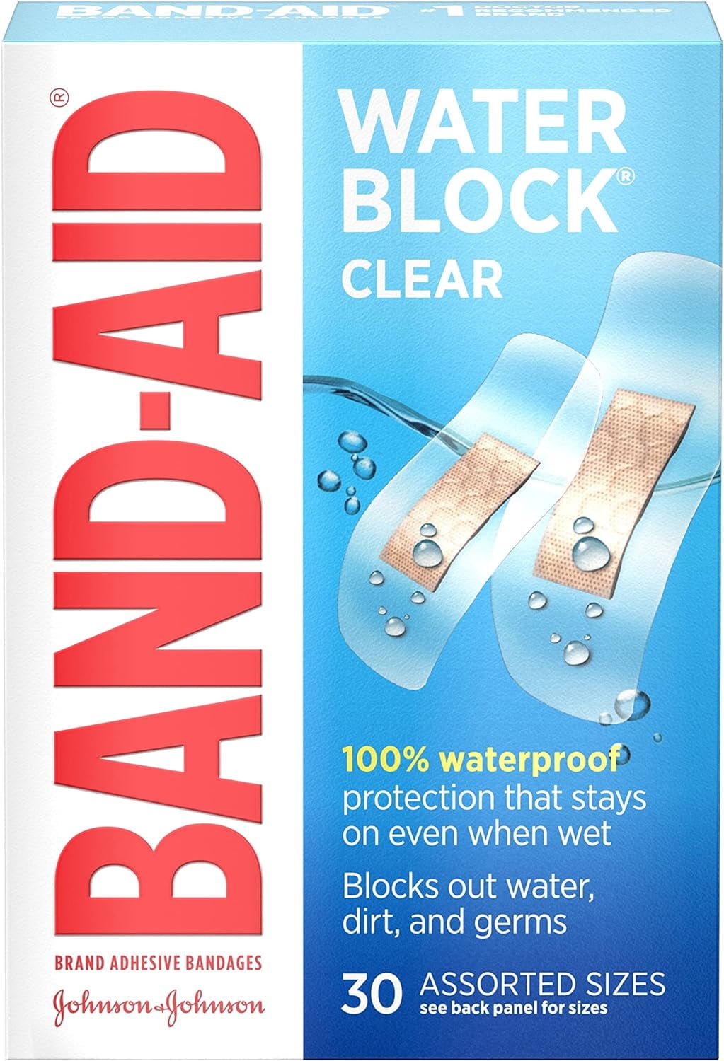 Band-Aid Brand Water Block Clear Waterproof Sterile Adhesive Bandages for First-Aid Wound Care of Minor Cuts and Scrapes, Assorted Sizes, 30 ct (Pack of 6)