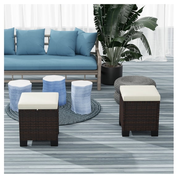 Wicker Outdoor Ottomans 2 Piece Set, Rattan Footrest with Cushions, Patio Side Table, Beige