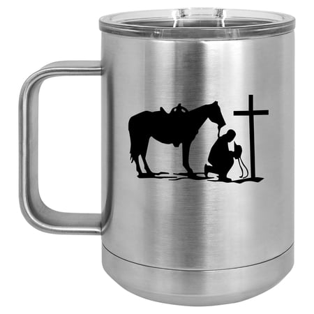15 oz Tumbler Coffee Mug Travel Cup With Handle & Lid Vacuum Insulated Stainless Steel Cowboy Praying Cross Horse (Silver)