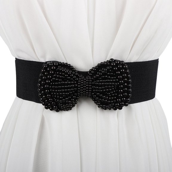 Pearl Imitation Belt with Bow Elastic Waistband for Casual Home Wear Versatile Accessory for Everyday Outfits, Black, One Size