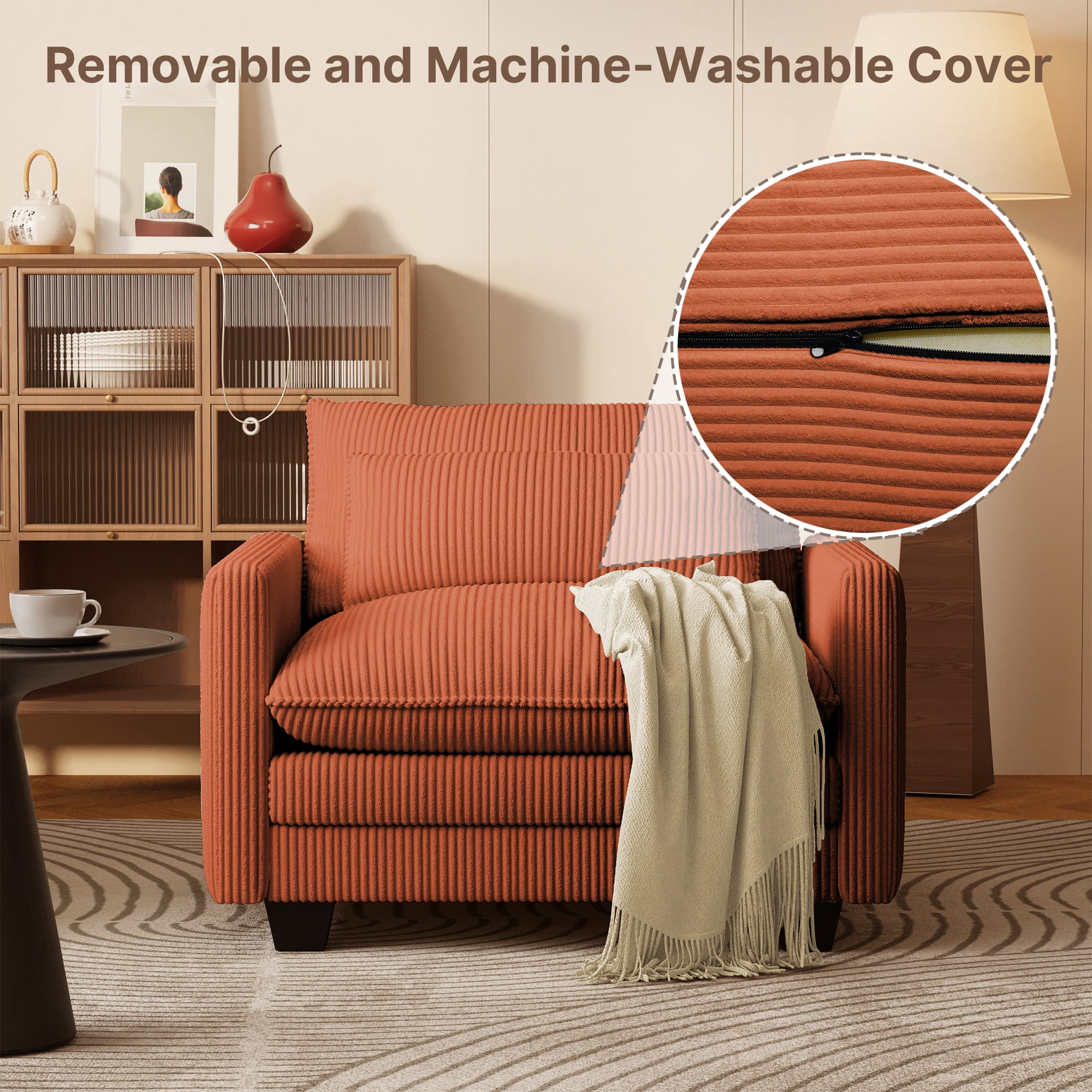 Cloud Corduroy Accent Chair, Deep Memory Foam Seat with Washable Zipper Cover & Arm Pillow, Modern Leisure Single Sofa for Living Room Bedroom Balcony, Orange