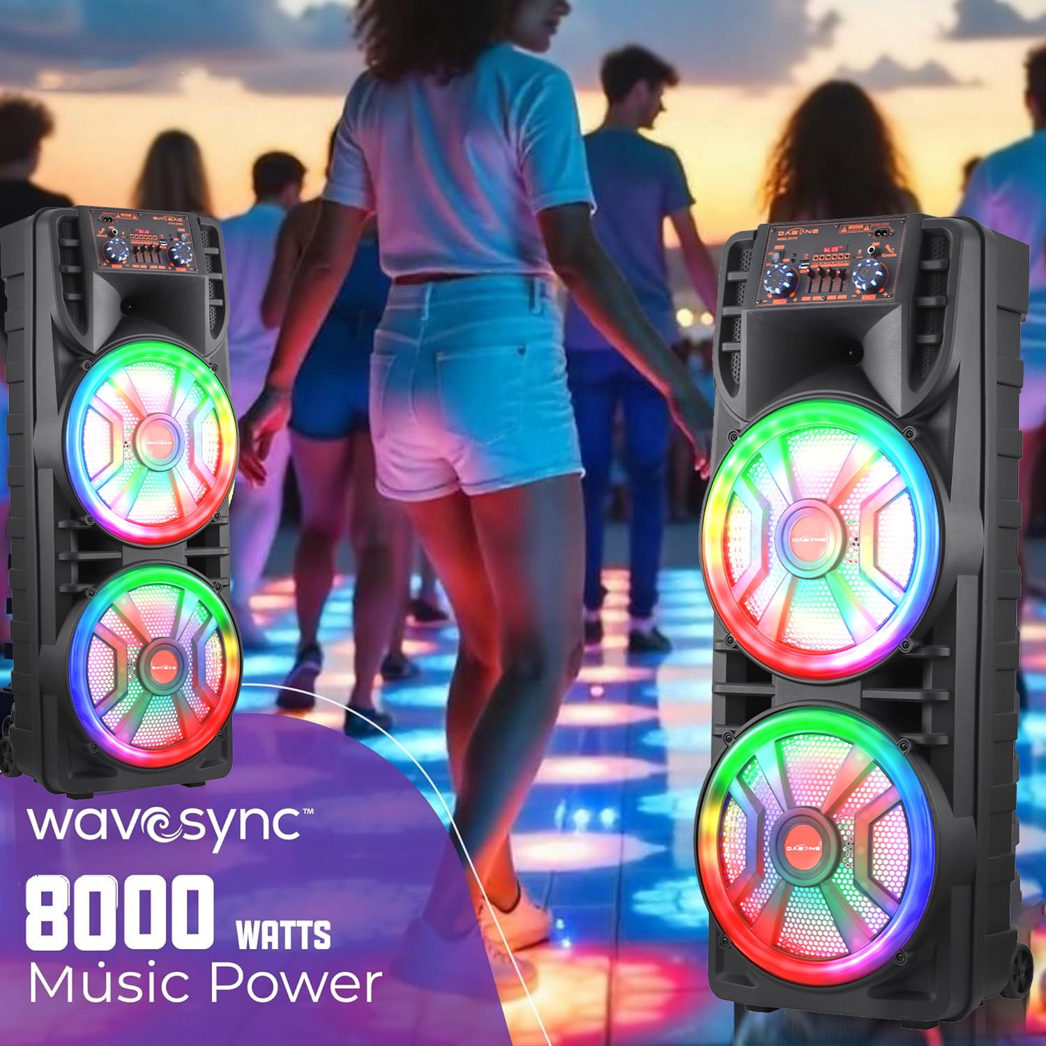 RIDWIND 8000W Peak Power Portable Bluetooth Speaker Indoor & Outdoor Dual 12" Woofers Loud Heavy Bass Sound System With Wireless Microphone RGB Party Lights Remote Control Support TWS/USB/FM/AUX/TF