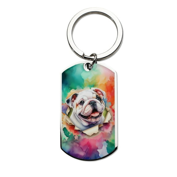 Funny Watercolor Adorable Bulldog Peeking Through Torn Paper Effect Stainless Steel Keychain Dog Lover Gifts Idea Collar Charm Tag Keyring - 00026