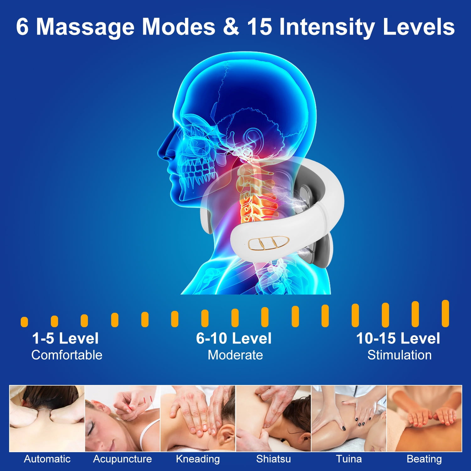 Imountek 8 Head Heated Neck Massager, 6 Modes 15 Intensity Levels EMS Neck Massager with Remote Control, White