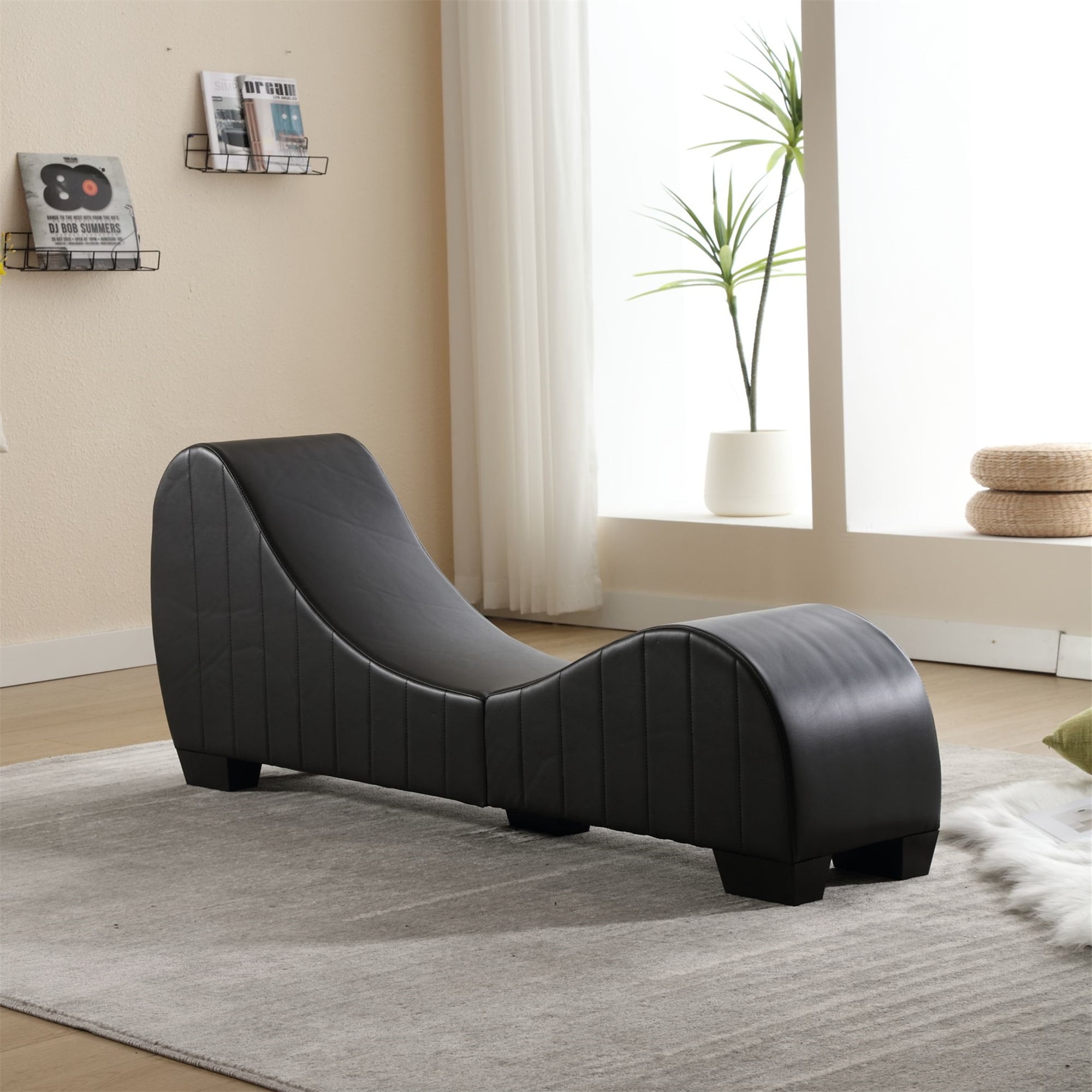 Aukfa Sleek Chaise Lounge for Yoga Curved Sofa for Stretching, Relaxation, Exercise & More, Leather, Black