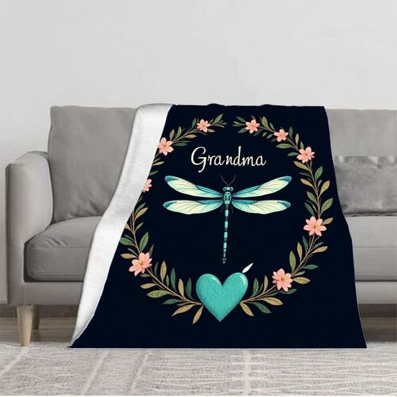 Cozy Flannel Blanket with Elegant Dragonfly and Floral Wreath Design - Perfect for Sofa Travel Bed and Chair