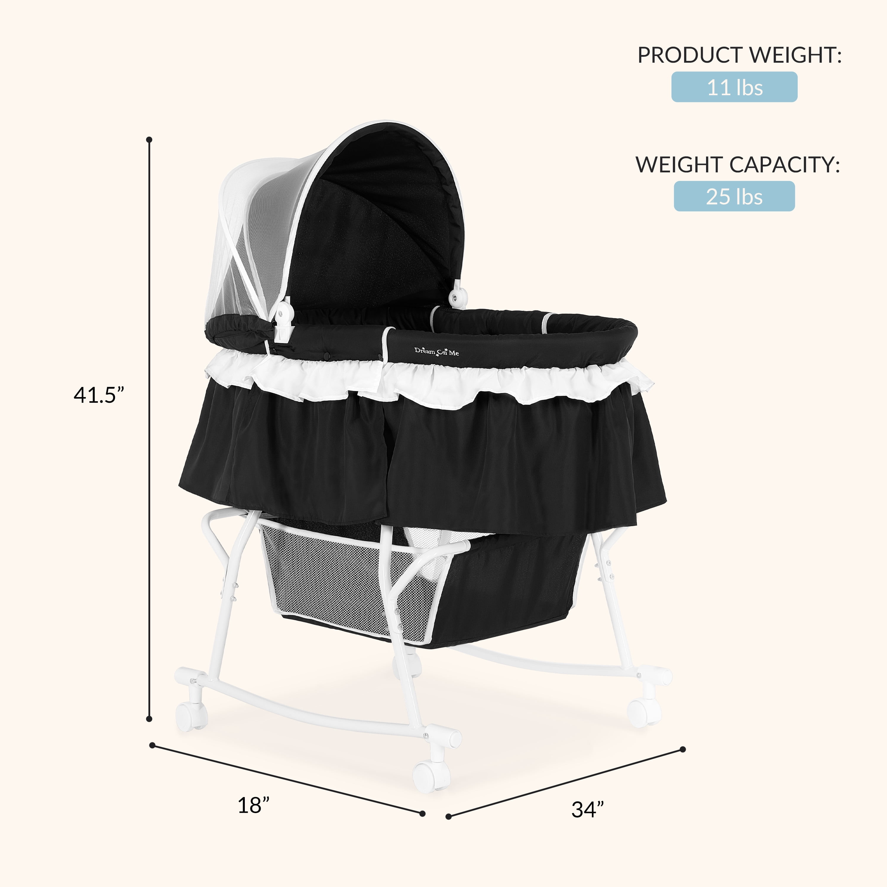 Dream On Me Lacy Portable 2-in-1 Bassinet & Cradle in Black, Lightweight Baby Bassinet