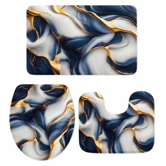 Navy Blue Marble Bath Mat 3 Piece Bathroom Rug Set, Gold Modern Art Non Slip Bath Rug Contour Mat and Toilet Lid Cover, Absorbent Shower Mats Soft Bath Rugs and Mats Sets