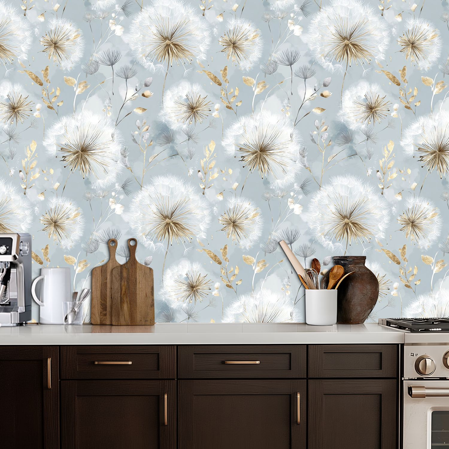 Boho Peel and Stick Wallpaper Delicate Dandelion Gold Floral Soft Blue Wall Mural 17.7in x 9.8ft Self Adhesive Removable Wall Paper Renter Friendly Wallpaper for Nursery Bedroom Cabinets