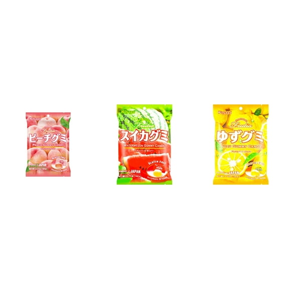 3 Pack Kasugai Gummy Candies, Made in Japan, Gluten Free, Mix 3 Flavor (Peach,Watermelon,Yuzu) Plus NineChef Brand Long Handle Coffee Spoon