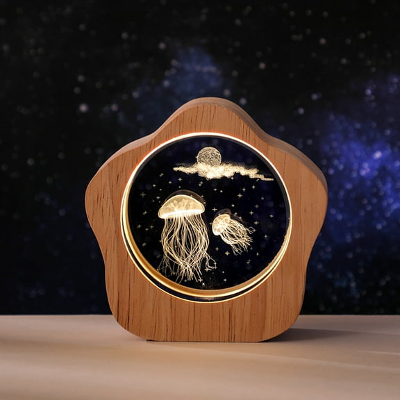 Jellyfish  Crystal Ball with Wooden Light Base, 3D Laser Etched Glass Sphere Decorative Balls Paperweight Gift(60mm)
