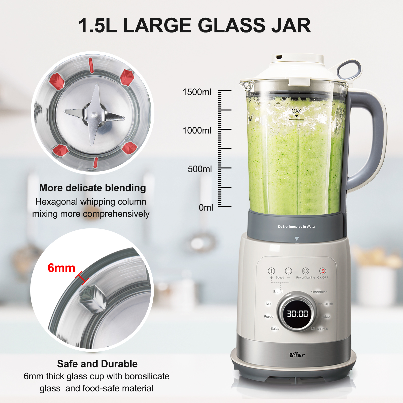 Bear Professional Blender,1200W Countertop Blender for Kitchen,Blender for Shakes  and Smoothies with Dishwasher-safe 51 Oz Glass Jar,7 Auto-Programs  Functions with LED display for Ice Crush,Smoothies,
