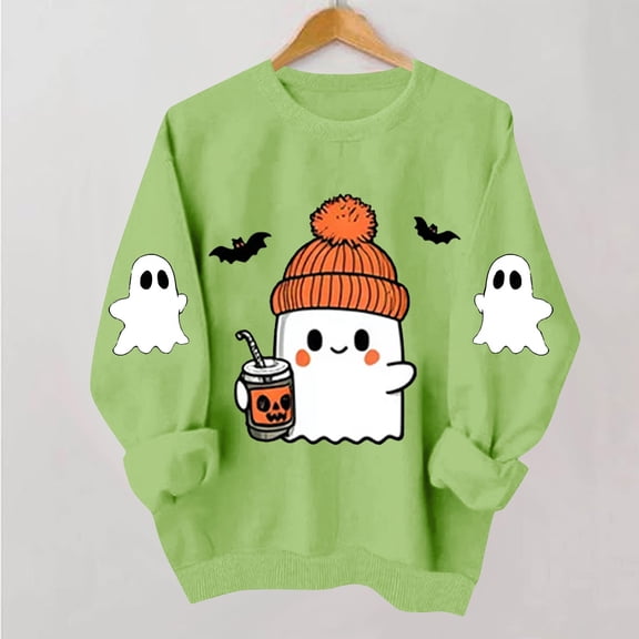 Mifsaly Womens Halloween Sweatshirt Oversized Crewneck Long Sleeve Pullover Tops Cute Ghost Coffee Graphic Casual Fall Sweatshirts Mint Green,XL