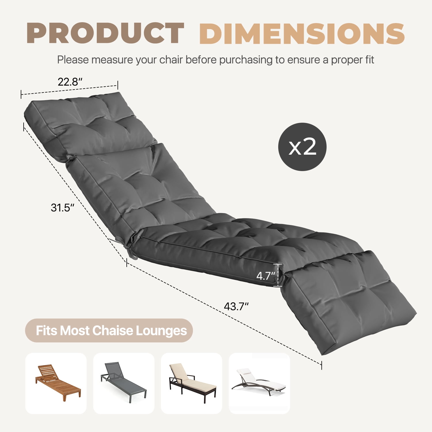 BaPiPro Set of 2 Upgraded 4-Segment Chaise Lounge Cushions, All-Weather Tie Fastened Pads with Plush PP Cotton, for Patio, Poolside & Balcony, Gray