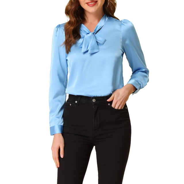 Blusa elegante de oficina para mujeres Inspire Chic, con cuello en V, manga larga, talla XS, color azul claro