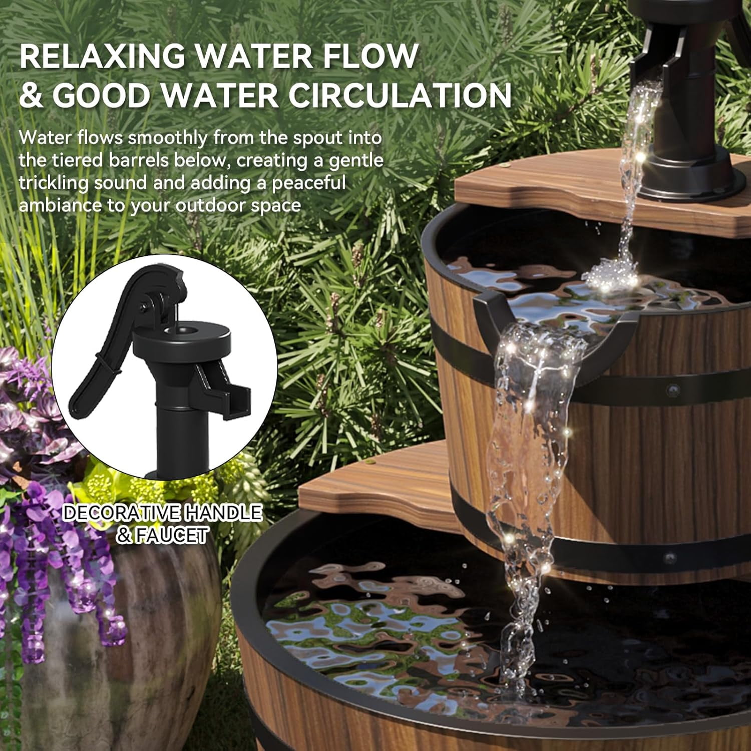 ZJTER 2-Tier Outdoor Water Fountain, Wood Barrel Cascading with Electric Decorative Hand Pump, Rustic Waterfall Fountain for Garden, Backyard, Patio, Porch, Yard