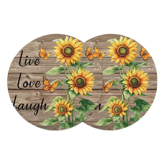 Round Placemats Farmhouse Sunflower 15 inch Set of 2 Table Mats for Dining Table Rustic Wood Butterfly Heat Resistant Non-Slip Kitchen & Home Decorative Place Mat Set