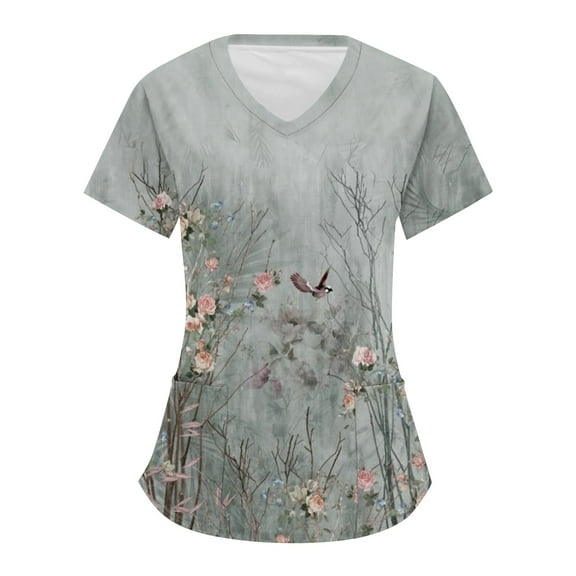 IYYVV Women's Stretch Scrubs Top Comfort Fit Lightweight Durable Working Uniform Pullover Floral Print V-Neck Nurse Scrub Tops with Pockets Gray 2XL