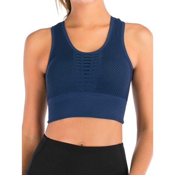 Women's Mesh Openwork Sports Bra Medium-Impact Workout Crop Athletic Tops Longline Yoga Bras