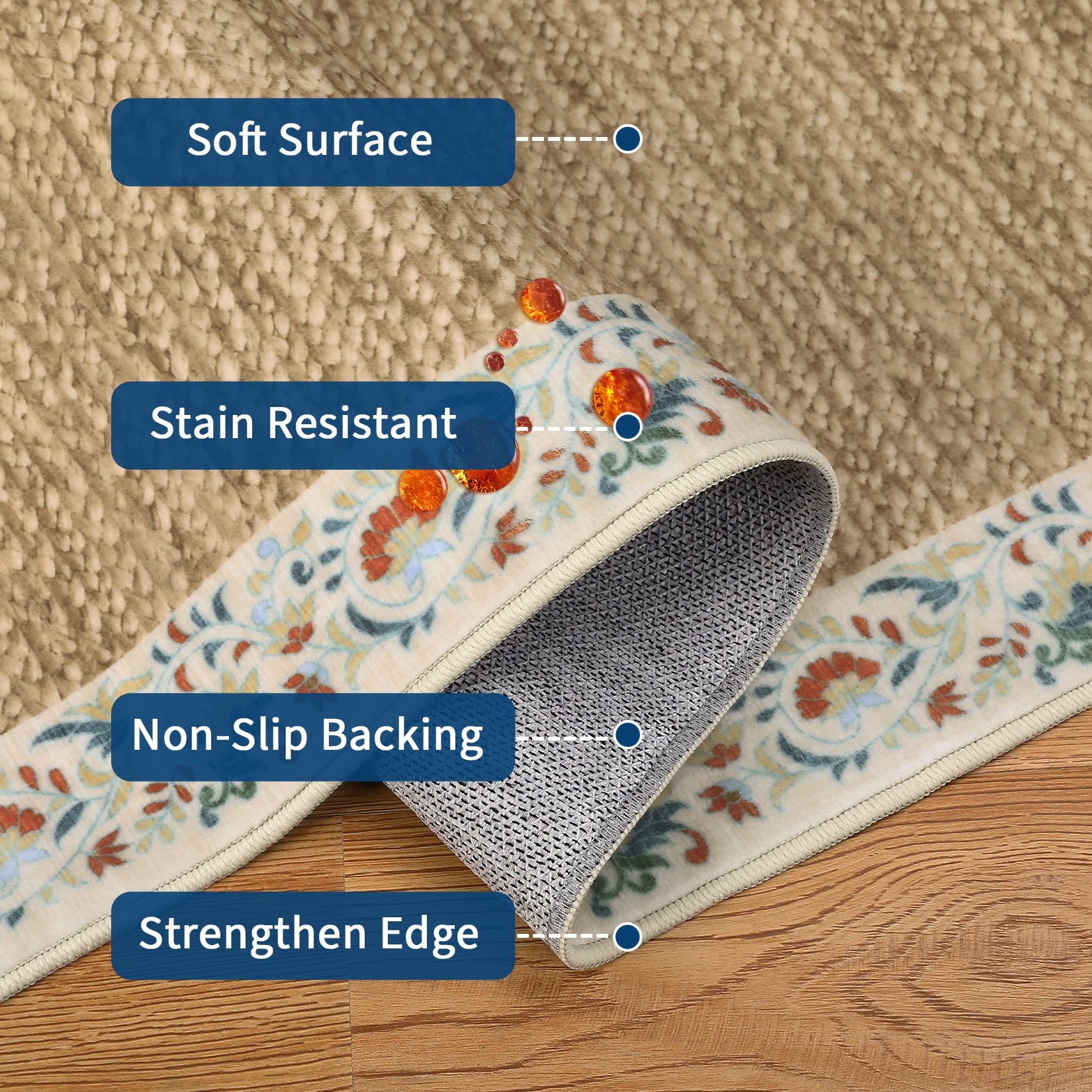 Hasoo Modern Simulated Woven Texture Floral Bordered Area Rug for Living Room Washable 5' x 7' Non Shedding Neutral Indoor Decor Carpet, Beige