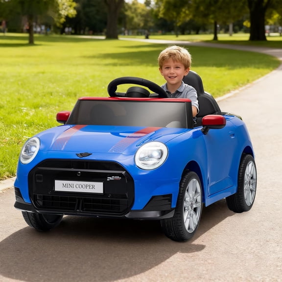 Licensed BMW Mini Cooper 12V Electric Ride-On Car with 2.4GHz Remote Control, 12V 4.5Ah Rechargeable Battery, Charger Included, Factory-Paired Remote, Stable Wheels,Blue