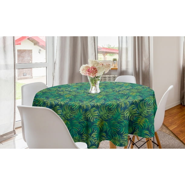 Leaves Round Tablecloth Tropical Foliage In Green Shades Watercolor Style Composition Hawaii Design Circle Table Cloth Cover For Dining Room Kitchen Decor 60 Night Blue By Ambesonne Com Circle Table Cloth Cover, Round Dining Table Hawaii
