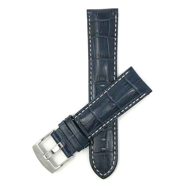 18mm Mens' Alligator Style Leather Watch Band Strap, White Stitching, Stainless Steel Buckle