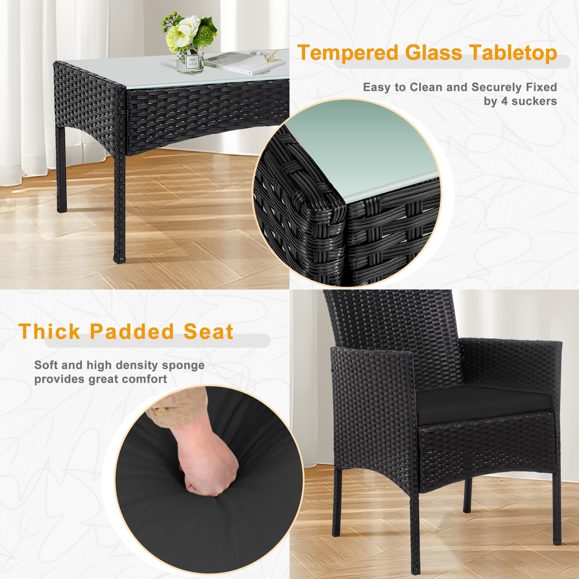 Tappio 4 Piece Patio Conversation Wicker Furniture Set, Porch Furniture Outdoor Sectional Furniture Set w/Side Table & Cushions, Wicker Sofa Garden Conversation Set for Yard Pool Backyard,Black/Black