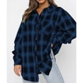 thumbnail image 2 of Camisa a cuadros Manga larga Bolsillo de solapa Tops sueltos casuales con un solo pecho para mujer Azul XL, 2 of 6