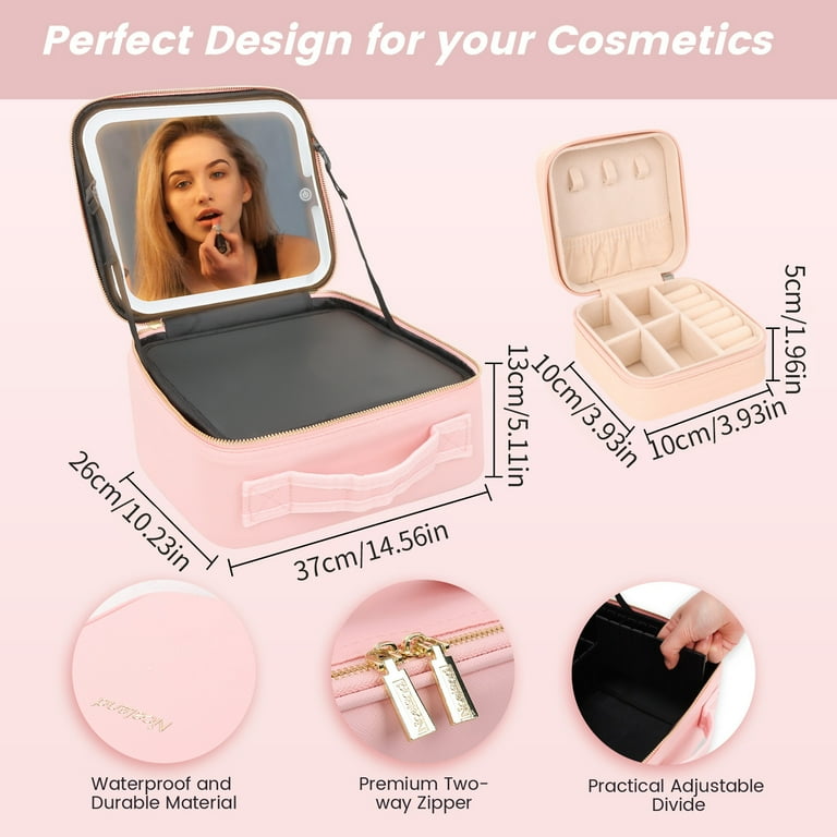 Makeup Bag with Mirror of LED Lighted, 10.2" Travel Makeup Train Case Cosmetic Bag Organizer with Adjustable Dividers, Makeup Case with Jewellery Box ... Makeup Bag with Mirror of LED Lighted, 10.2" Travel Makeup Train Case Cosmetic Bag Organizer with Adjustable Dividers, Makeup Case with Jewellery Box ...
