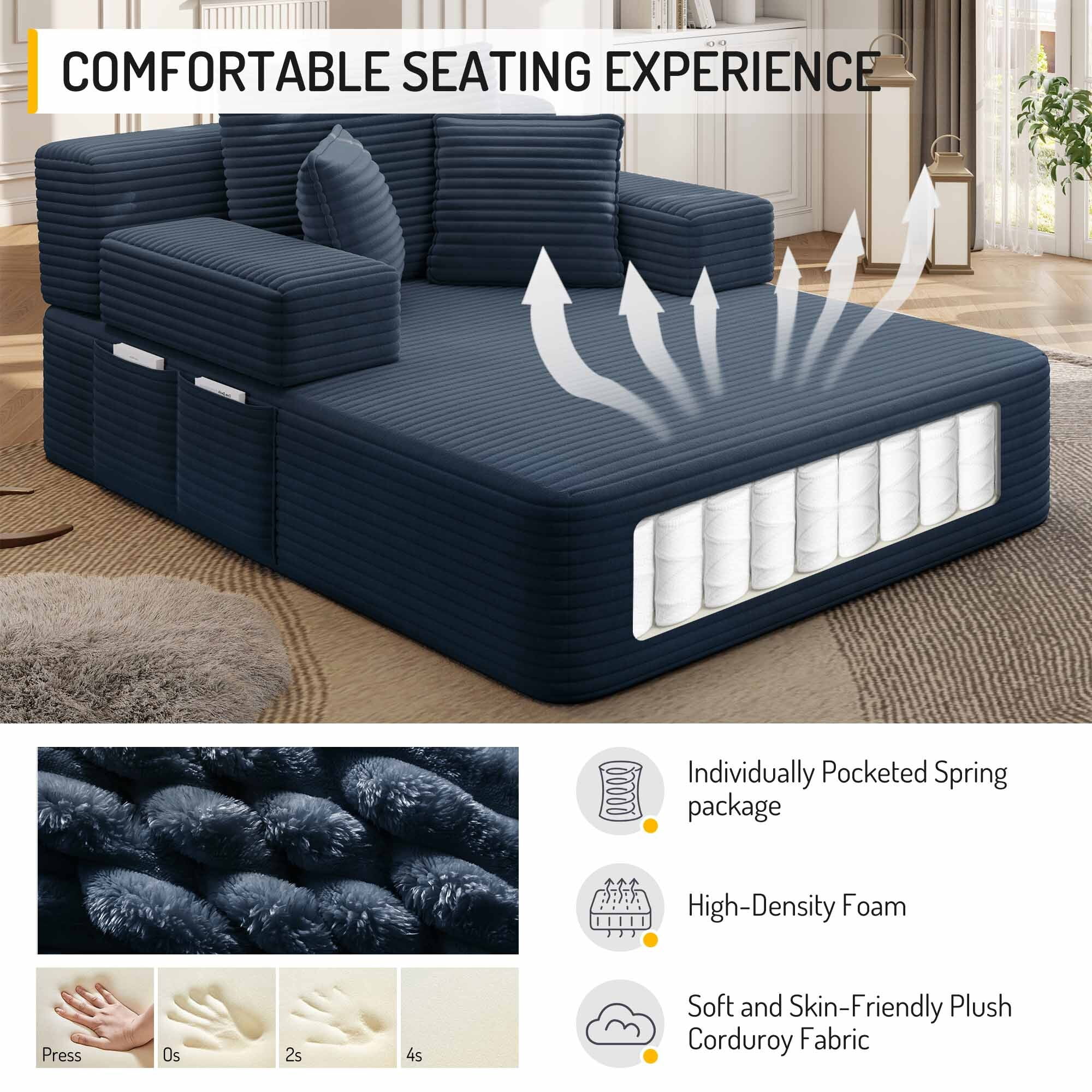 Lunale Boneless Chaise Lounge Chair Indoor, Oversized Convertible Sofa Bed, Cloud Corduroy Sofa Chair for Living Room, Blue