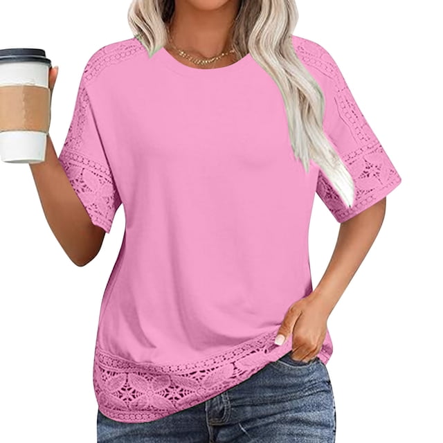 TACILIP Hauts en Lin pour Femmes, T-Shirts à Manches Courtes en Dentelle, Col Rond Décontracté, Blouses de Travail Décontractées, Tenues d'Été
