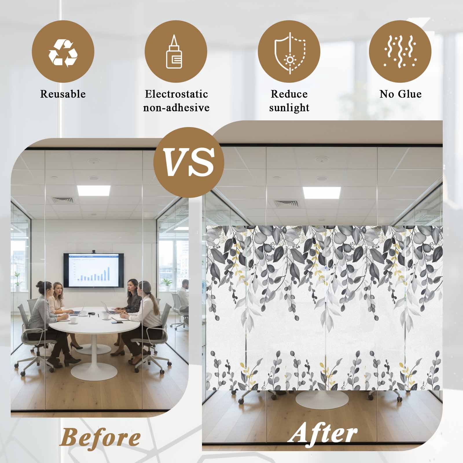 Static Cling Door Window Covering, Gray Eucalyptus Leaves Window Privacy Film Frosted, Farmhouse Botanical Watercolor UV Blocking Windows Film for Office, Hotel, Bedroom, 29.5 x 78.7 Inches