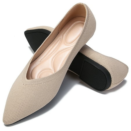 Ruiatoo Knit Flats Shoes for Women Pointed Toe Ballet Flat Slip On Comfort Dress Shoes Apricot 41