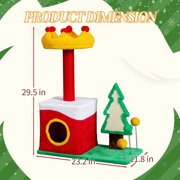 29.5in Christmas-Themed Plush Cat Tree - Compact 5-in-1 Design, for Small Spaces & Indoor Cats
