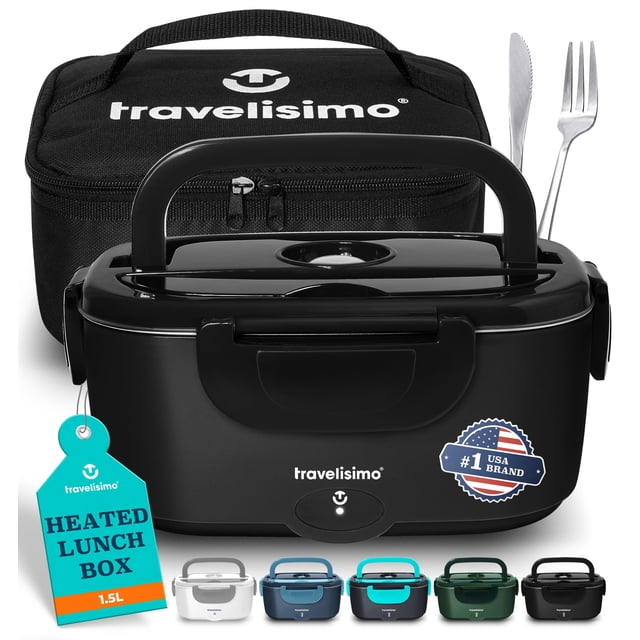 TRAVELISIMO Fiambrera Eléctrica para Adultos, Fiambrera con Calefacción de 80W Fiambrera con Calefacción de Acero Inoxidable de 1,5L para Adultos, Fiambrera Autocalentable de 12/24/110V para Trabajo e