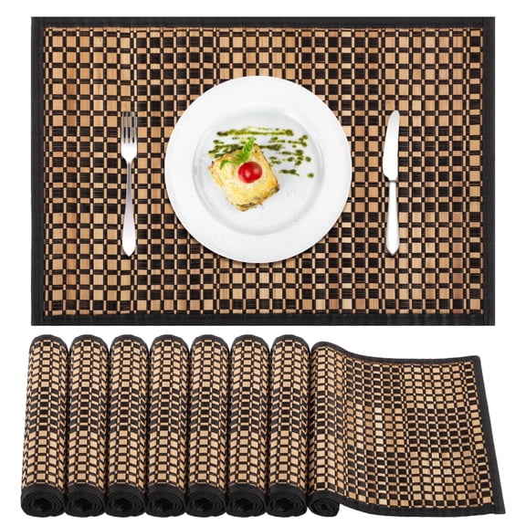 Bamboo Placemats Set of 8, Heat Resistant Washable Table Mats with Polyester Border, 17.7x11.8 Inch Natural Rustic Dining Table Decor