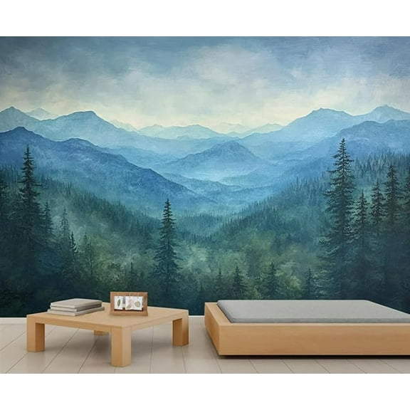 Forest Mountain Wall Mural - Mountain Murals, Pine Tree Large Wall Murals For Living Room, Misty Forest Mural 110"W x 79"H (Not Peel and Stick)