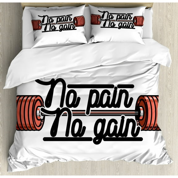 Fitness Duvet Cover Set Queen Size, No Pain No Gain Vintage Emblem Design Barbells Weightlifting Bodybuilding, Decorative 3 Piece Bedding Set with 2 Pillow Shams, Coral Black White, by Ambesonne
