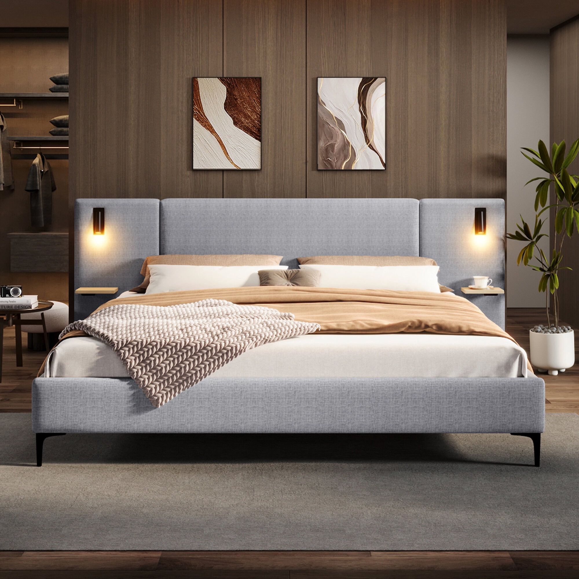 Bed Frames Chic Linen Upholstered Bed with Integrated Lights and Shelves, Grey, Queen,Adjustable Bed Base