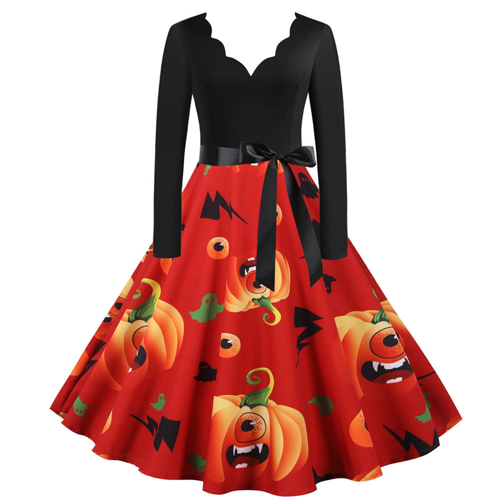 REORIAFEE Halloween Dresses Womens Long Sleeve Cocktail Swing Dress