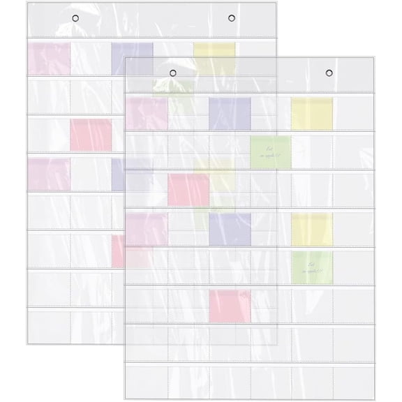2 pcs 3.54x3.54 inch Card Holder Sleeve Hanging 48 Slot Wall Pocket Chart Wall Mount Business Holder for Classroom Office Home Clear