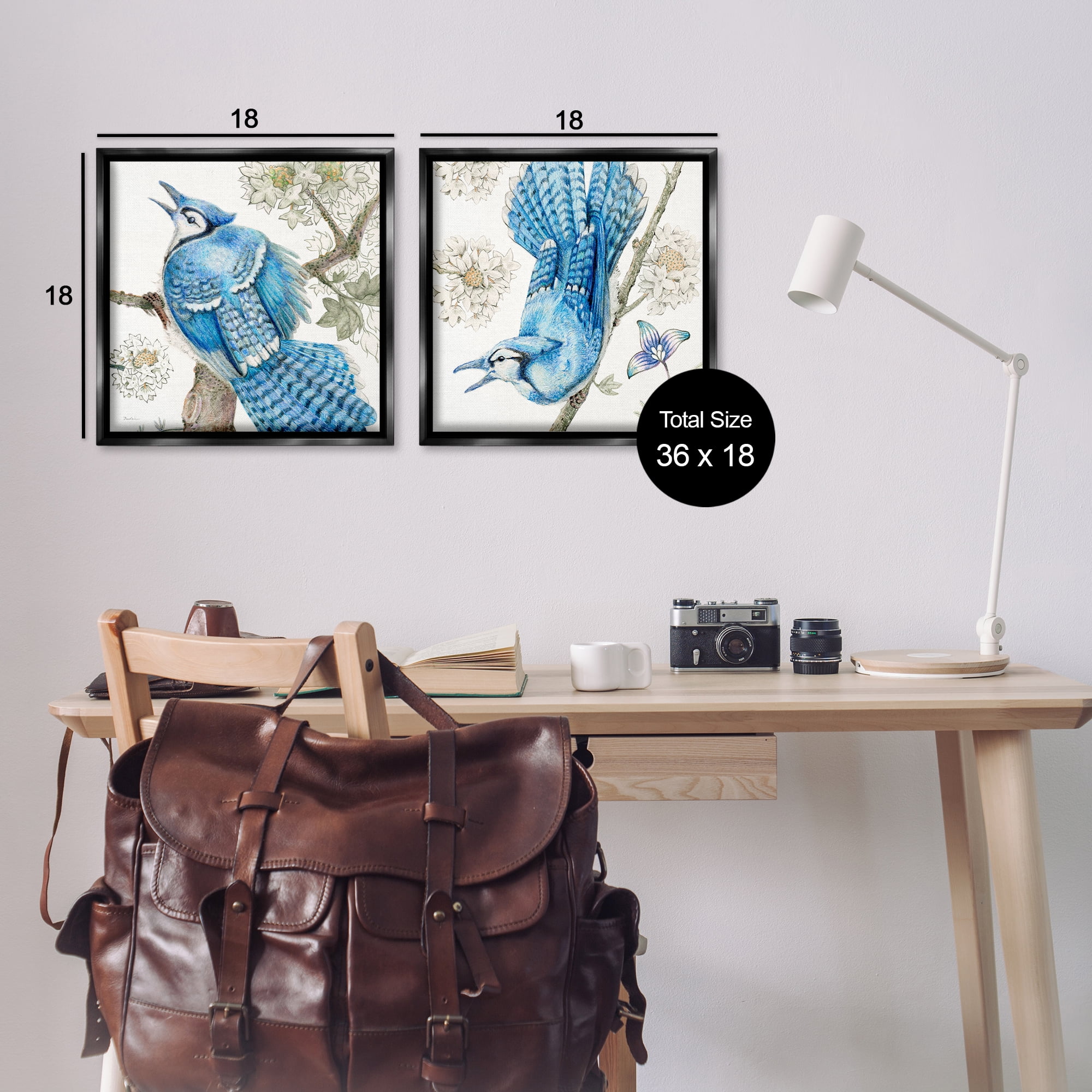 Stupell Industries Blue Jays with White Blossoms Animals Painting Black Floater Framed Canvas Art Print Wall Art, 18 x 18, Set of 2