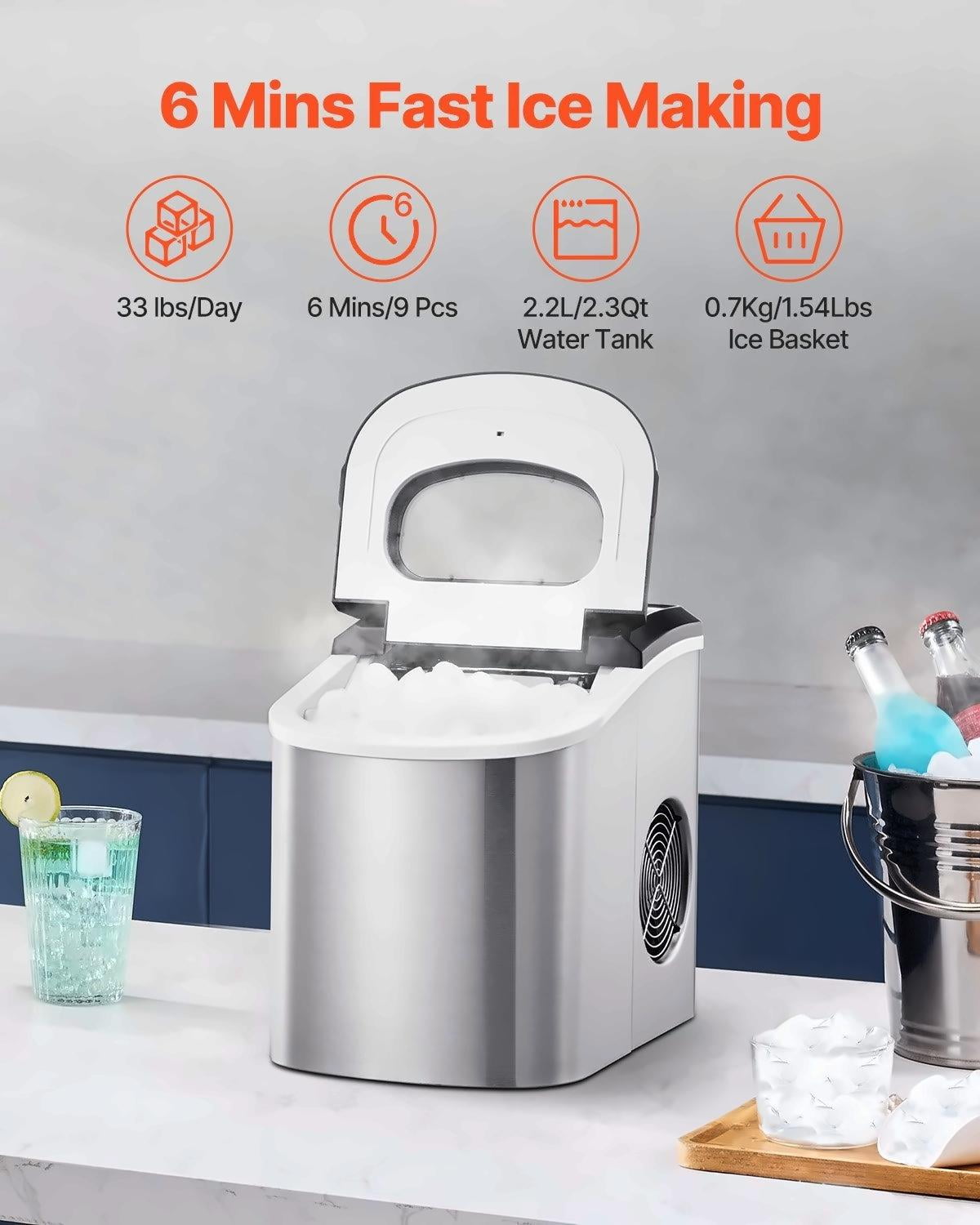 Countertop Ice Maker 33Lbs/24H, Portable Ice Machine with Scoop & Basket