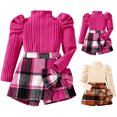 thumbnail image 4 of UAYOTSE Girls Puff Sleeve Knit Top Plaid Skort Set 4T 5T 6Y 8Y High Neck Ribbed Sweater Bow Decor Skirt Shorts Fall Winter Outfit, 4 of 9
